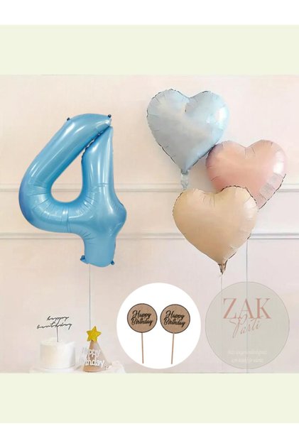 Blue Number Foil Balloon Retro Blue Pink Satin Heart Foil Balloon Birthday Balloon Set