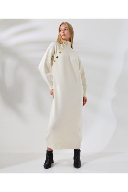 Women's Long Sleeve Button Detailed Comfortable Knitwear Dress