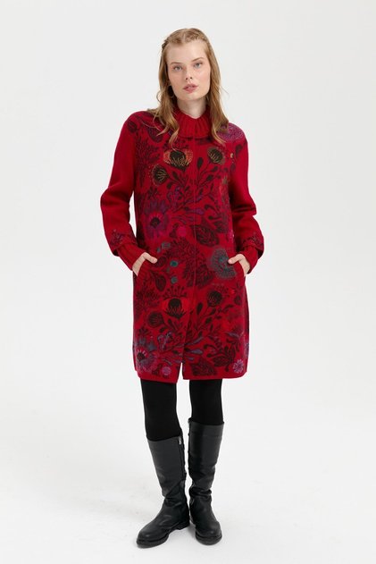 Women's High Collar Front Colorful Floral Long Wool Cardigan Dark Red