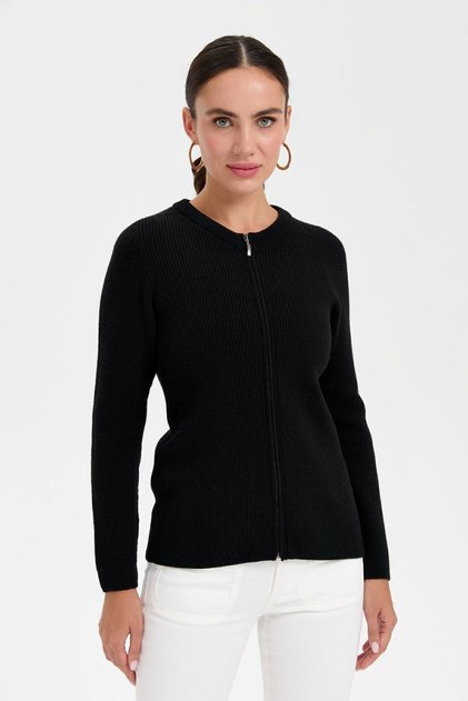 Women's Crew Neck Seamless Zippered Wool Cardigan Black