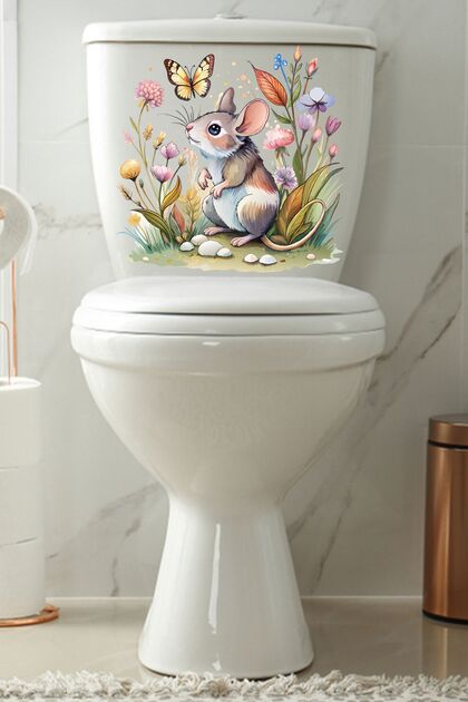 Cute Mouse Butterfly and Flowers Themed Toilet Seat Sticker Bathroom Sticker