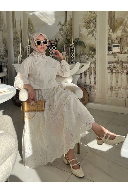 Stone-Detail Long Skirt Eyelet Embroidery Beige Modest Set