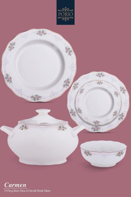 Carmen 74 Parça Bone China 12 Servisli 12 Kişilik Porselen Yemek Takımı