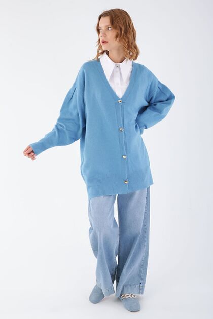Blue V-Neck Heart Buttoned Knitted Cardigan