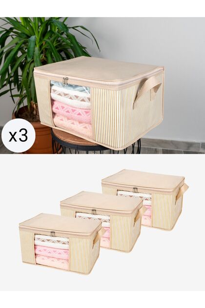 3 Pieces of Small Size Windowed Cream Striped Under-Bed Wardrobe Organizer for Inside the Suitcase 40X30X20 cm