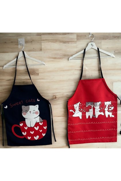 Women's and Men's Couple Apron Set (2 Pieces) Red Cat Cup Cat