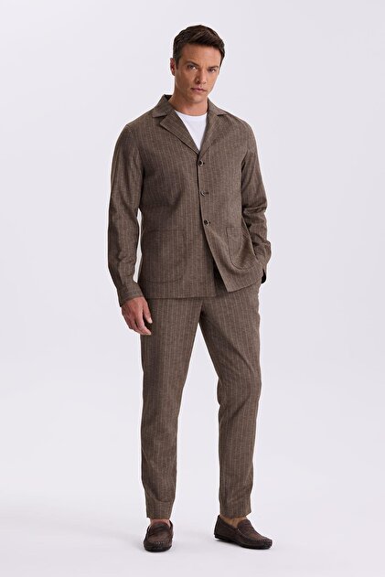Brown Slim Fit Apache Collar Linen Blended Double Slit Striped Suit