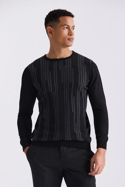 Black Slim Fit Crew Neck Patterned Knitwear Sweater
