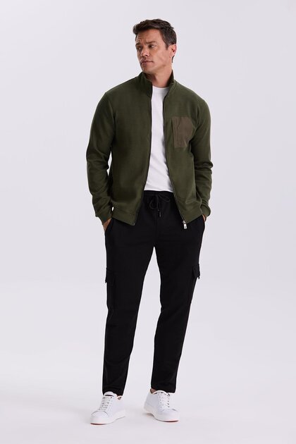 Khaki Slim Fit Zippered Cotton Lycra Tracksuit Top