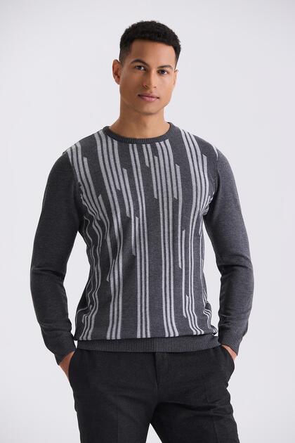 Anthracite Slim Fit Crew Neck Patterned Knitwear Sweater