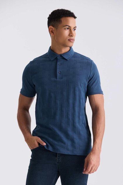 Navy Blue Slim Fit Patterned Polo Neck T-Shirt
