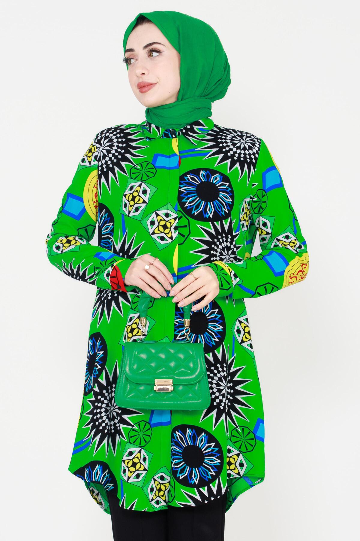 Ethnic Patterned Viscose Tunic-Green