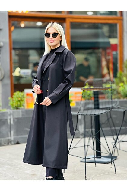 Generic Brands Balloon Sleeve Cuffed Trench Coat Black- Trendyol