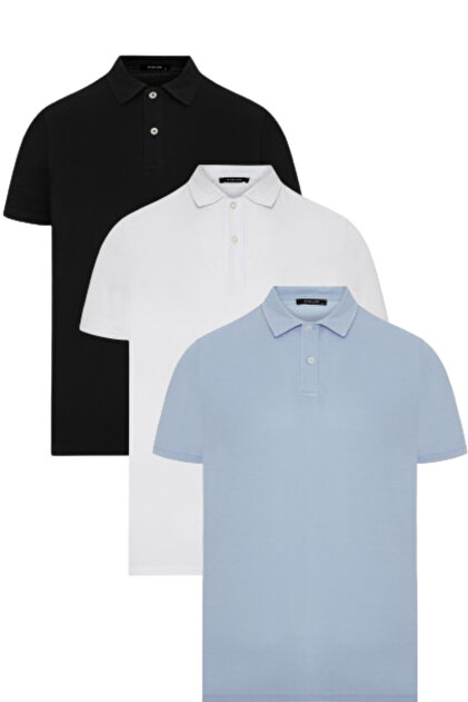 Men's Black-White-Blue 3-Pack 100% Cotton Regular Fit Non-Curling Polo Collar T-Shirt
