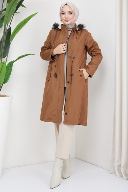 Interior Fur Coat with Ornamental Pockets Tan HM2322