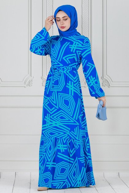 Rochie din viscoză cu model geometric și tunel în talie - Albastru