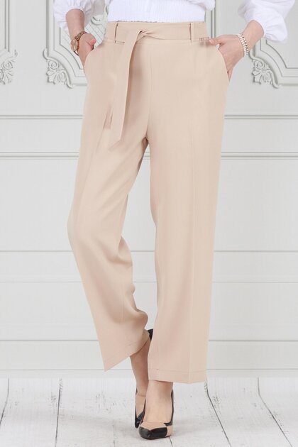 Tie Waist Wide Leg Trousers-Beige