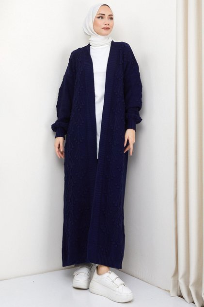 Cherry Patterned Long Knitwear Cardigan Navy Blue HM2334