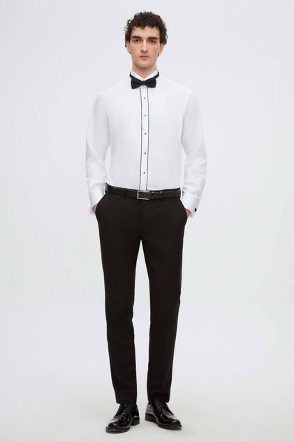 Slim Fit Beyaz Düz Ata Yaka Duble Manşet Smokin Gömlek