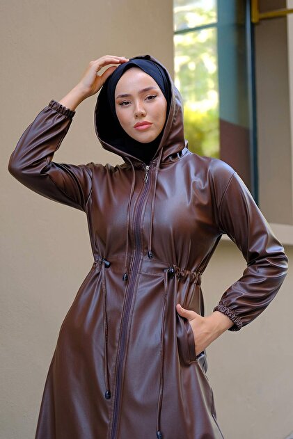 hafsamina Bağlamalı Suni Deri Trençkot Kahverengi HM2279 - Fiyatı