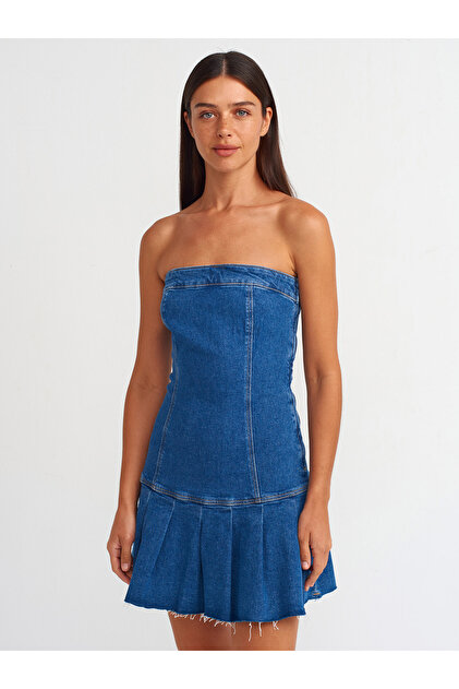 Dilvin 90542 Blue Strapless Pleated Denim Dress- Trendyol