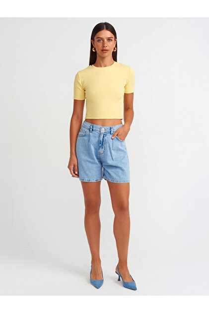 71679 Pleated Denim Shorts - Blue