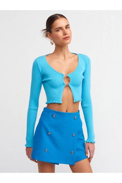 60134 U-Neck Knitwear Cardigan with Accessories on the Front - turquoise