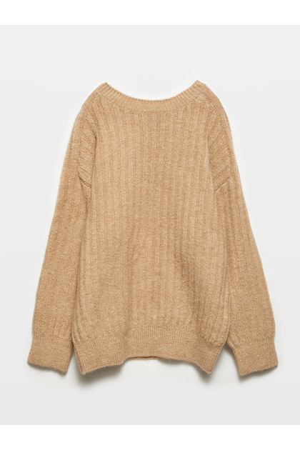 10628 Bisiklet Yaka Oversize Triko Kazak-Bej