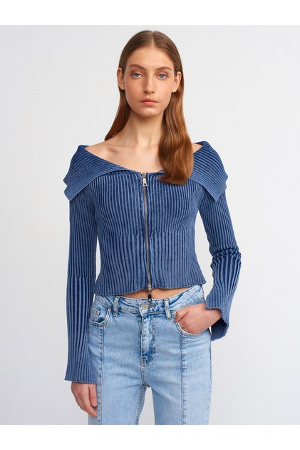 60206 Pale Effect Sleeve Slit Detailed Zippered Knitwear Cardigan-Indigo