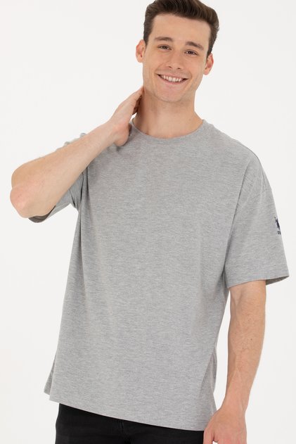Men's Grey Melange Comfort Long Crew Neck T-Shirt 50265229 -Vr086