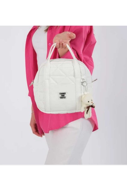 White Women's Quilted Arm and Shoulder Bag Bear with Key Chain Gift