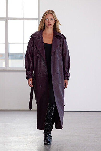 Trendyolmilla Bordo Kemerli Suni Deri Oversize Uzun Trençkot