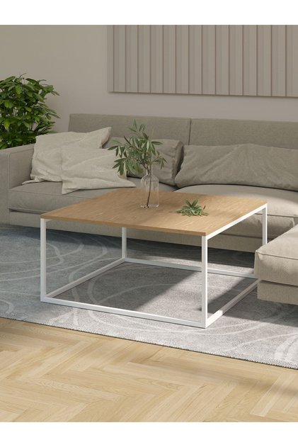 Safir Meşe Orta Sehpa, 90x90, Büyük Boy,Beyaz Ayaklı Kare Orta Sehpa,Ahşap Desenli Modern Orta Sehpa