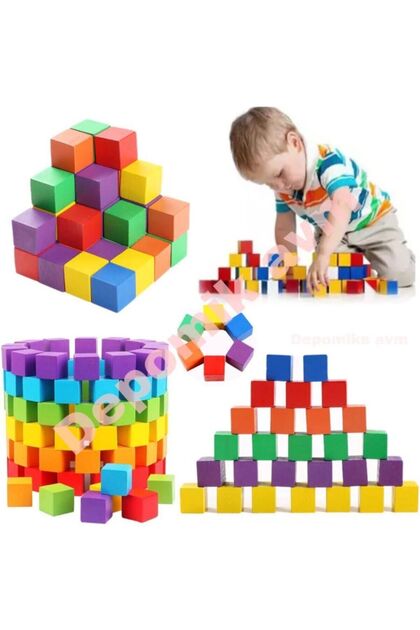Ahşap Küp Bloklar Eğitici Geliştirici 60 Adet Renkli Yapı Blokları Ahşap Oyuncak 2x2cm
