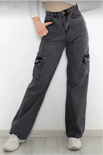 Girl's 100% Cotton High Waist Wide Leg Cargo Jeans