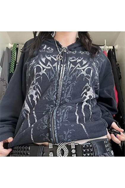 Karakedi Harajuku Gothic Skull Vintage Fermuarlı Siyah Sweatshirt