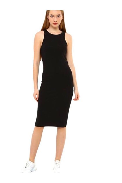 Siyah Sıfır Yaka Midi Fitilli Kalem Elbise (113CM)