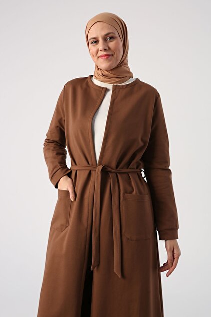 ALLDAY Açık Kahve Kuşaklı Cepli Bisiklet Yaka Uzun Hırka - Fiyatı