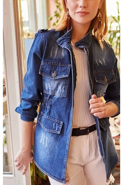 Kadın Mavi Yırtıklı Tarz Eskitilmiş Oversize Denim Kot Jeans Bayan Ceket