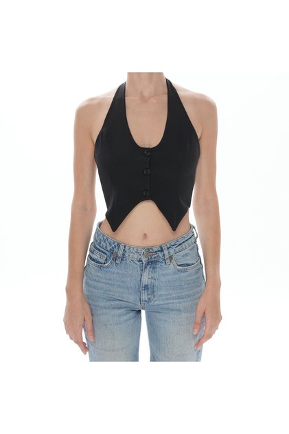 Bella Vest Top - Black Lace-Up Vest, Bustier, Blouse