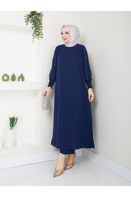 Kolları Taşlı Uzun Tunik Pantolon İkili Tesettür Takım Büyük Beden