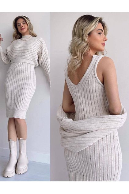 Strickwaren-Stoffkleid-Pullover-Set, 2 Stück