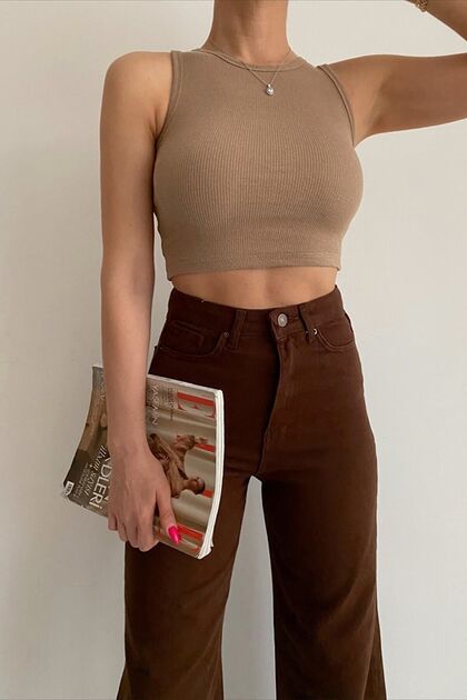 Brown Lycra Super High Waist Loose Jeans Palazzo Trousers