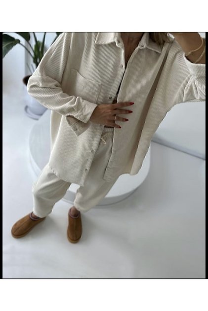 Ecru Corduroy Casual Shirt and Pants Set - 7032
