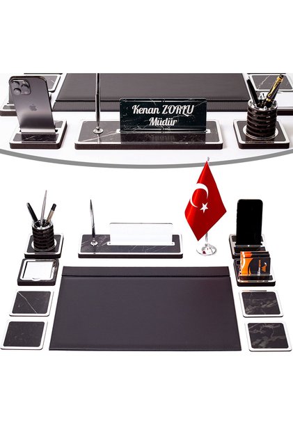 11 Parça Türk Bayraklı Mermer Desen Ahşap Sümen Takımı Masa İsimliği Deri Sümen Seti - Gümüş