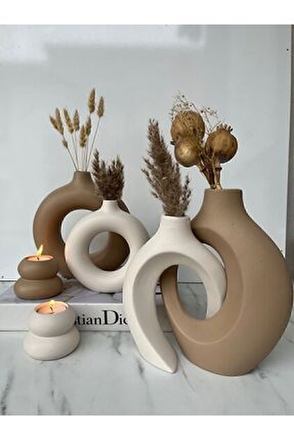 MorVilla Pudra Kahve Halka Vazo Seti 3'lü | Modern Minimal