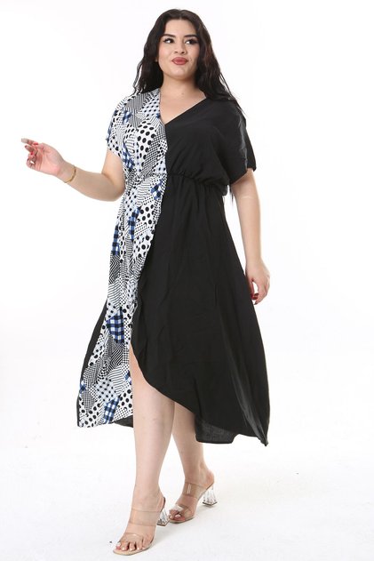 Women's Plus Size Navy Blue Wrap Collar Elastic Waist Short Sleeve Garnished Dress 65N38190