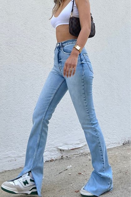 Snow Washing Inner Slit Lycra Women's Super High Waist Loose Leg Denim Jeans Palazzo Trousers