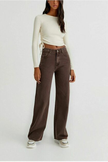 Brown Lycra Super High Waist Loose Jeans Palazzo Trousers. (SUPER HIGH) Wide Leg