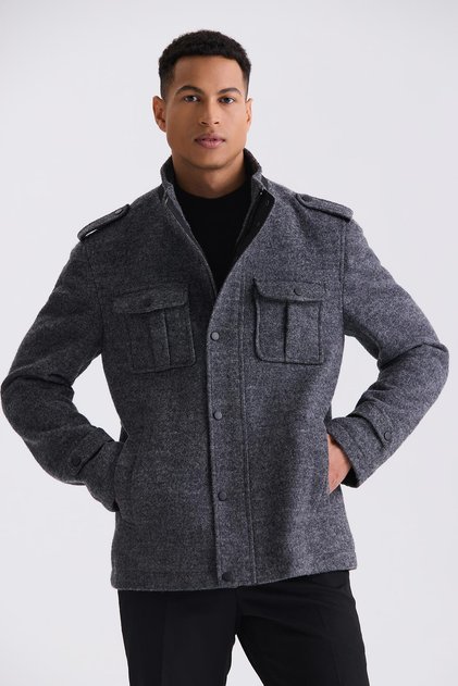Anthracite Slim Fit Judge Collar Epaulette Patterned Sports Stamp Coat